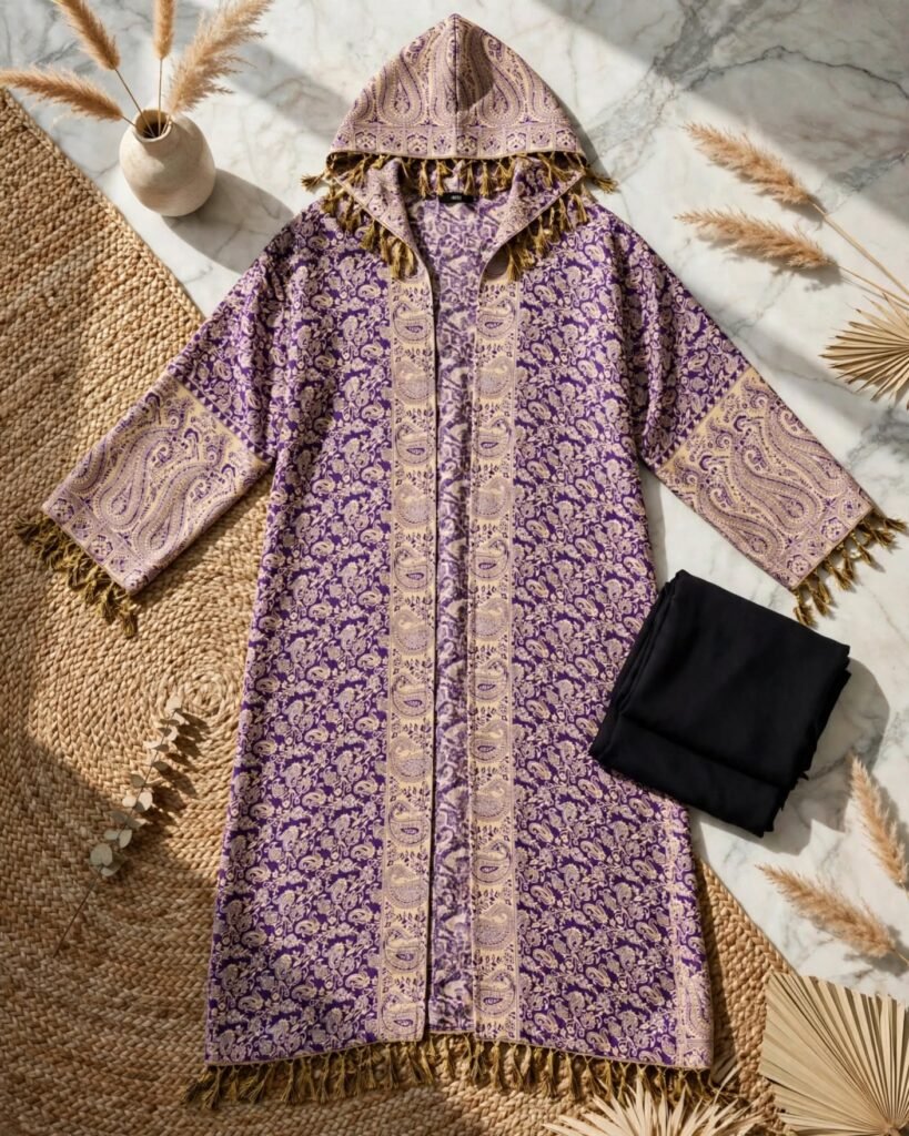 Royal Paisley Motif Hooded Abaya with Gold Tassel Accents - Photo 4