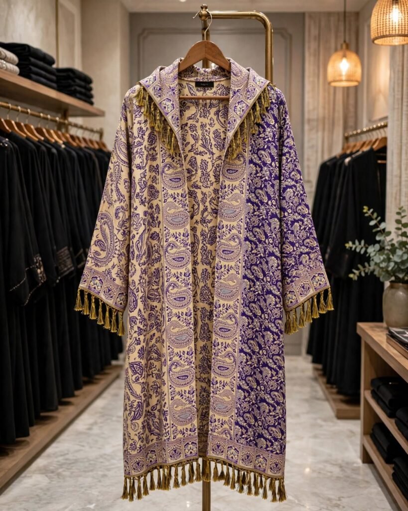 Royal Paisley Motif Hooded Abaya with Gold Tassel Accents - Photo 5