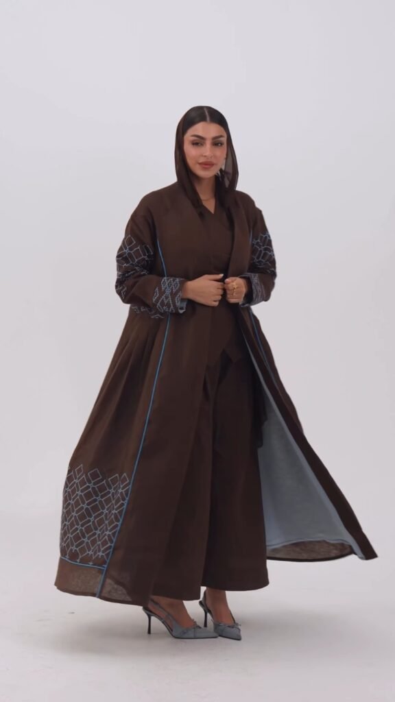 Elegant Embroidered Open Abaya & Inner Slip Set – Available in Midnight Black & Deep Earth Brown - Photo 3