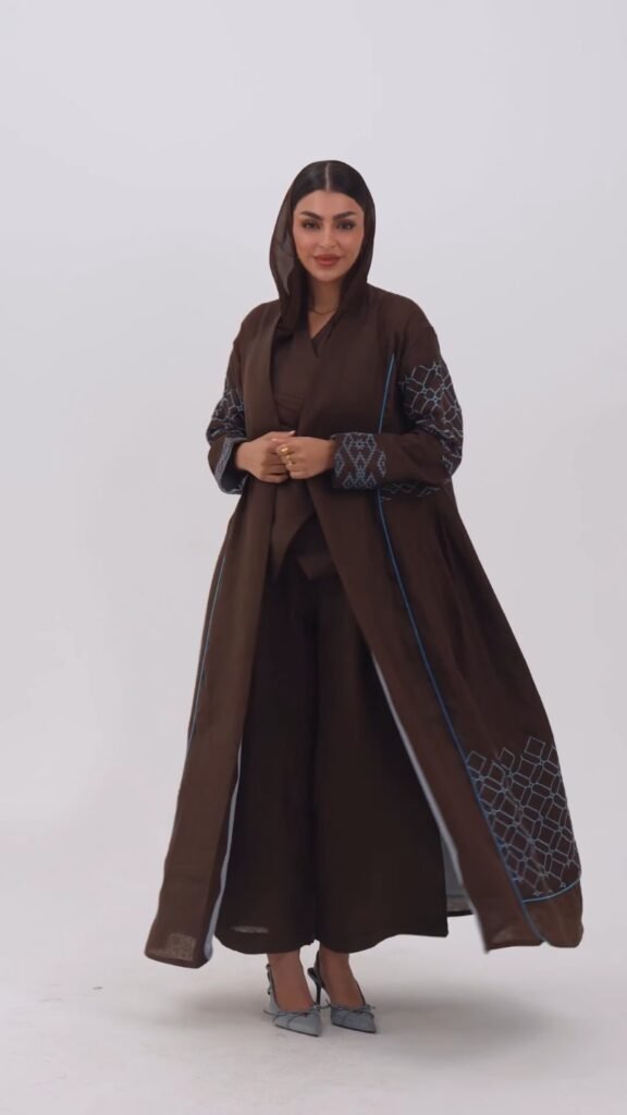 Elegant Embroidered Open Abaya & Inner Slip Set – Available in Midnight Black & Deep Earth Brown - Photo 4