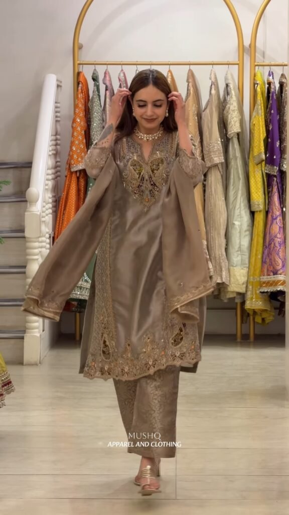 Taupe Silk Embellished Kurta Set – Available in Taupe & Multicoloured Collection - Photo 2