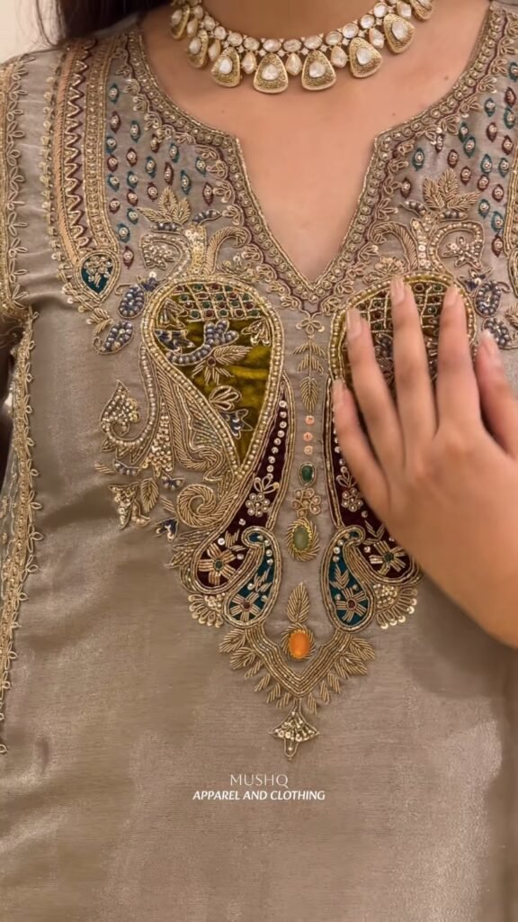 Taupe Silk Embellished Kurta Set – Available in Taupe & Multicoloured Collection - Photo 4