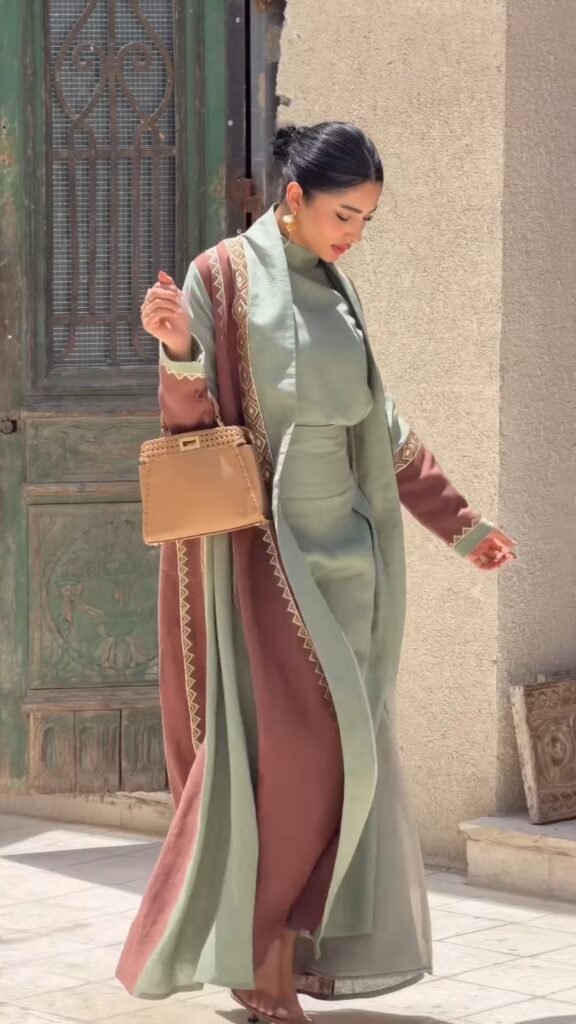 Sage Green and Earthy Maroon Layered Abaya Set – Available in Sage & Maroon - Photo 3