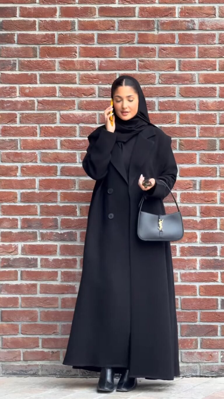 Midnight Elegance Double-Breasted Longline Abaya Coat