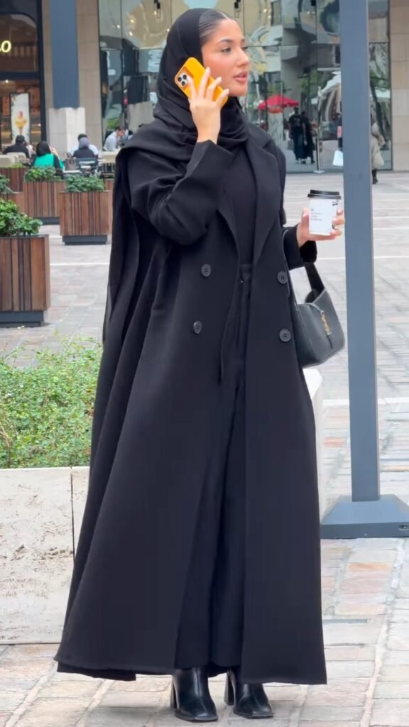 Midnight Elegance Double-Breasted Longline Abaya Coat - Photo 3