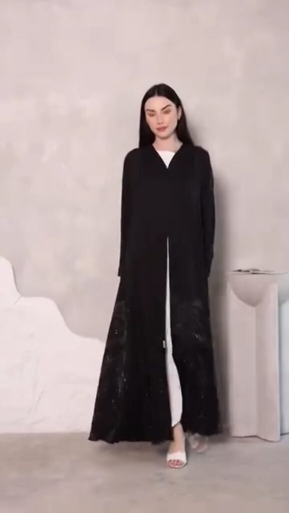 Midnight Noir Embellished Shimmer Abaya Ensemble - Photo 2