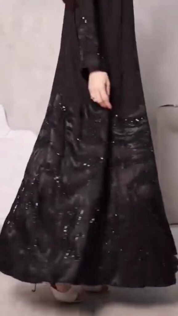 Midnight Noir Embellished Shimmer Abaya Ensemble - Photo 5