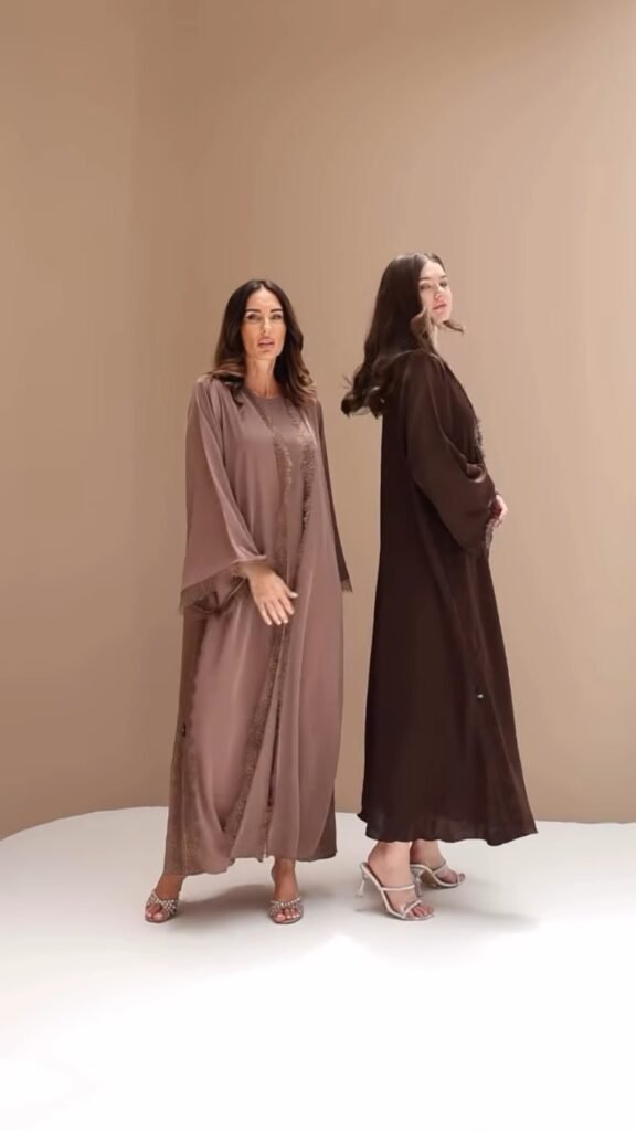 Elegant Lace-Trimmed Open Abaya Ensemble – Available in Mocha & Espresso - Photo 1
