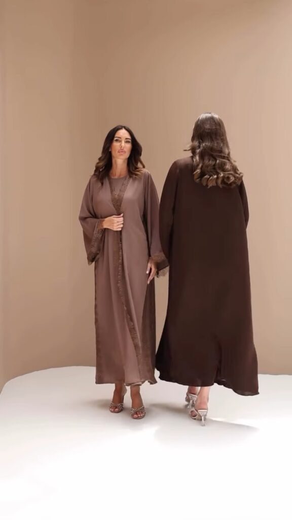 Elegant Lace-Trimmed Open Abaya Ensemble – Available in Mocha & Espresso - Photo 2