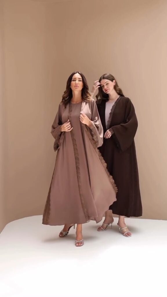 Elegant Lace-Trimmed Open Abaya Ensemble – Available in Mocha & Espresso - Photo 4