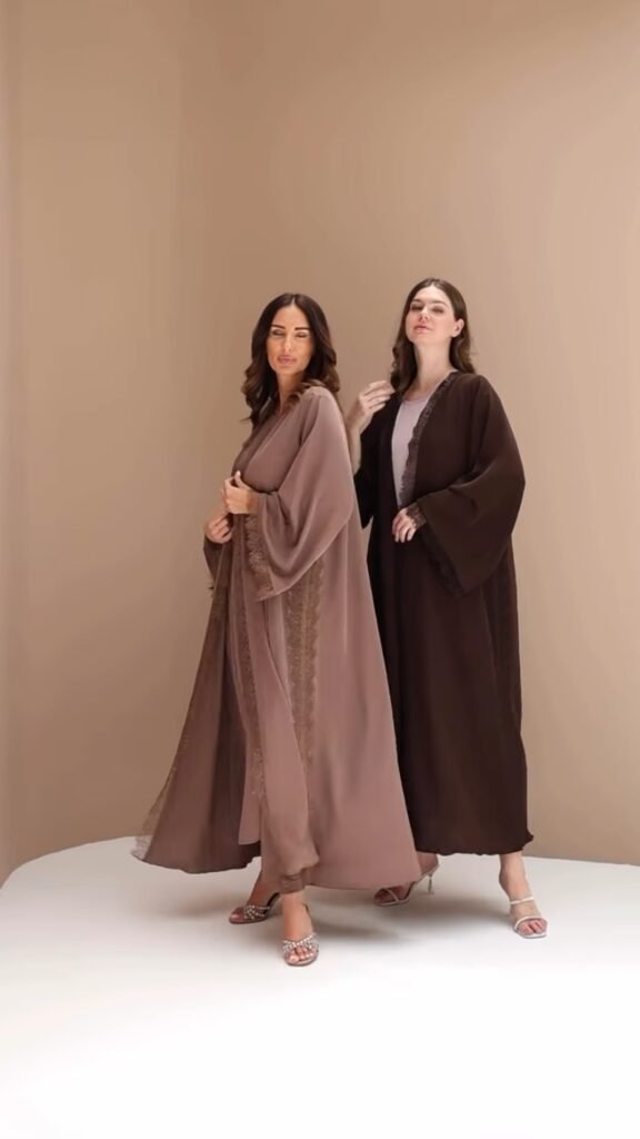 Elegant Lace-Trimmed Open Abaya Ensemble – Available in Mocha & Espresso - Photo 5