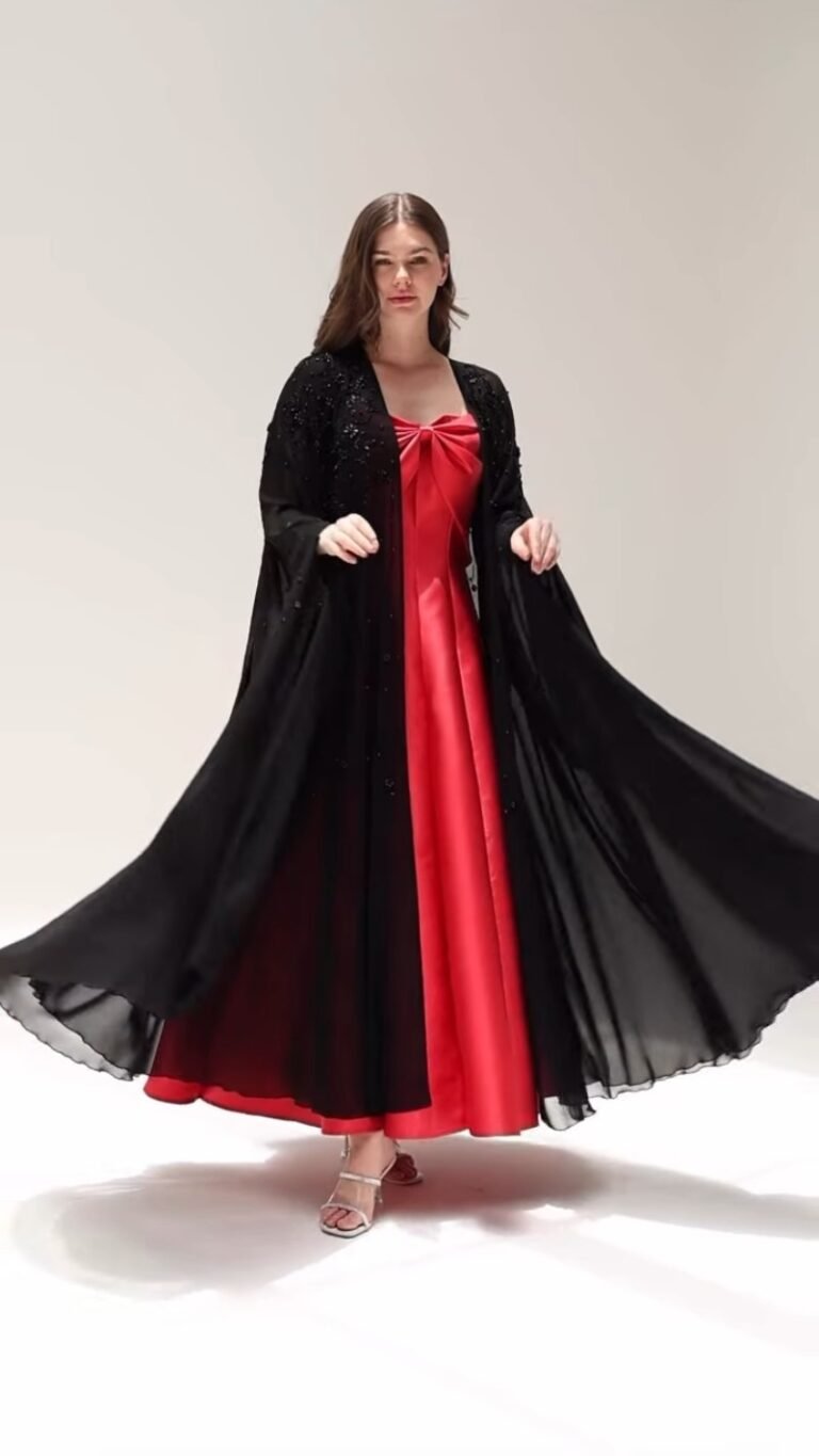 Crimson Satin Bow Maxi with Embellished Black Chiffon Shrug – Available in Red & Black Set