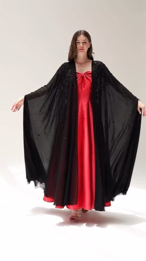 Crimson Satin Bow Maxi with Embellished Black Chiffon Shrug – Available in Red & Black Set - Photo 2