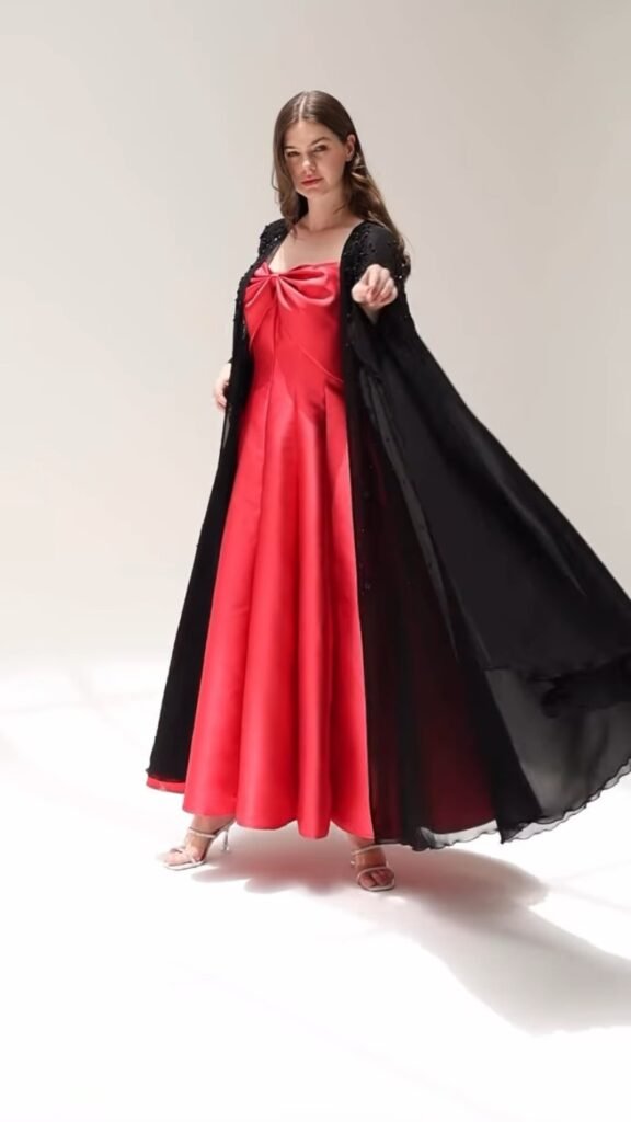 Crimson Satin Bow Maxi with Embellished Black Chiffon Shrug – Available in Red & Black Set - Photo 3