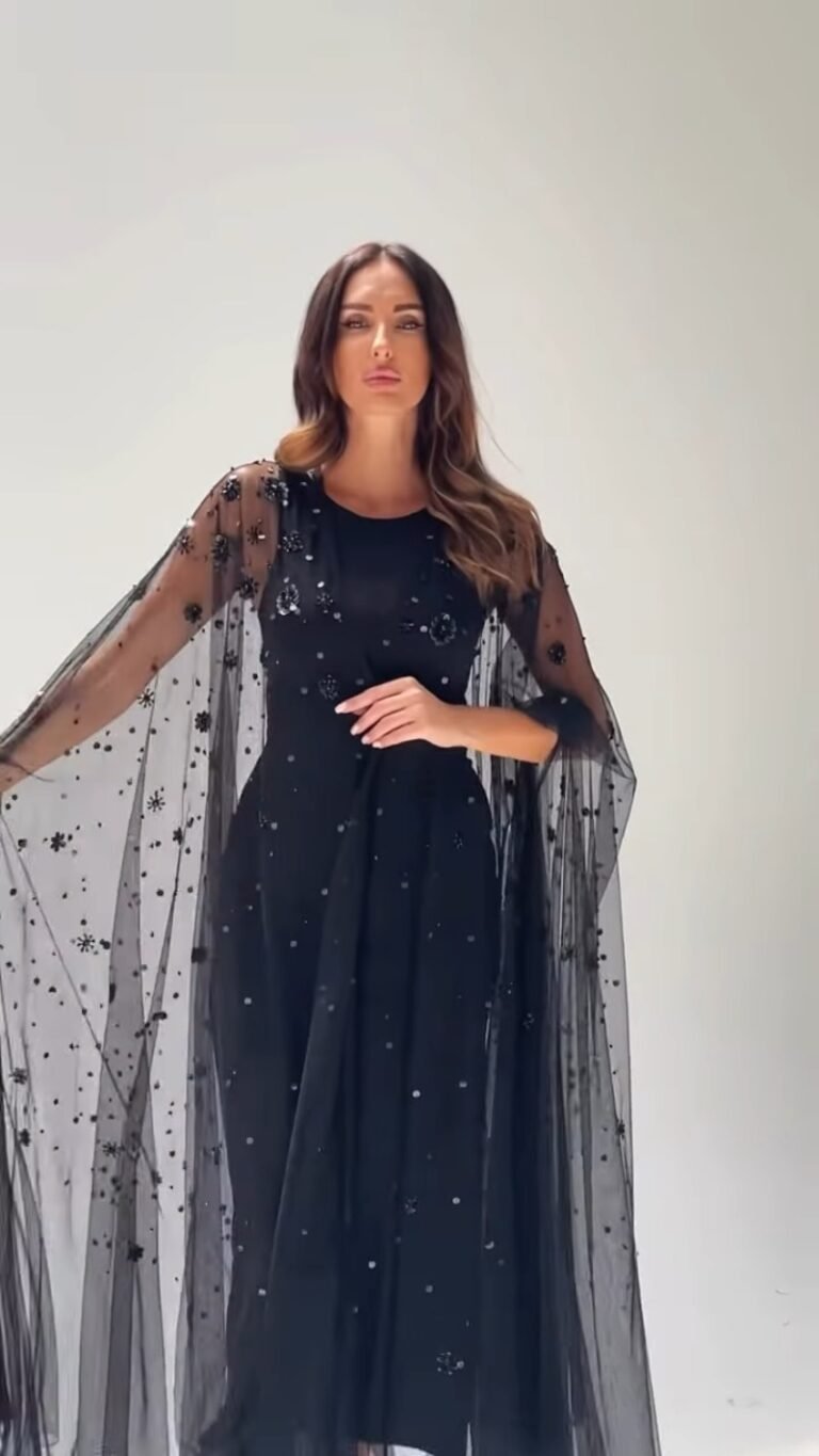 Midnight Allure Embellished Mesh Overlay Gown Set