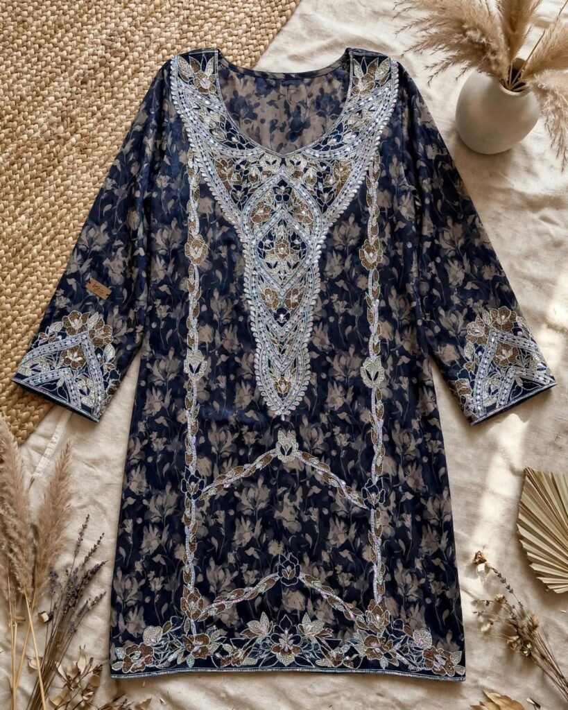 Midnight Bloom Embroidered Chiffon Kaftan Kurta - Photo 5