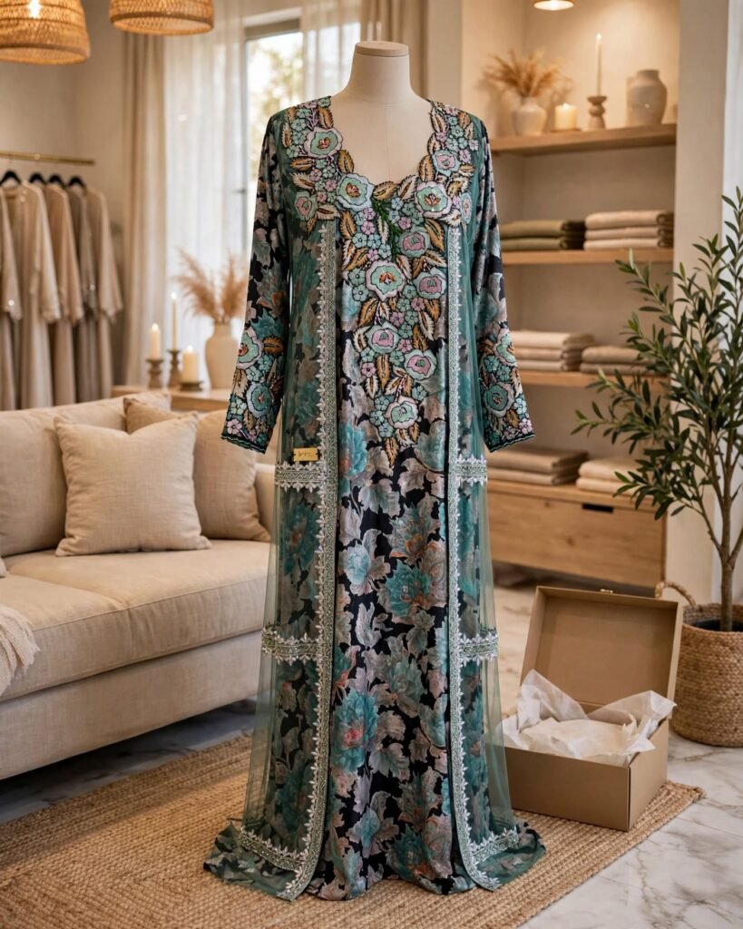 Enchanting Teal Floral Embroidered Overlay Kurta Set - Photo 3