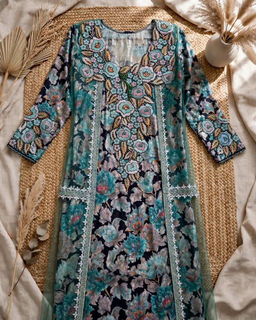 Enchanting Teal Floral Embroidered Overlay Kurta Set - Photo 4