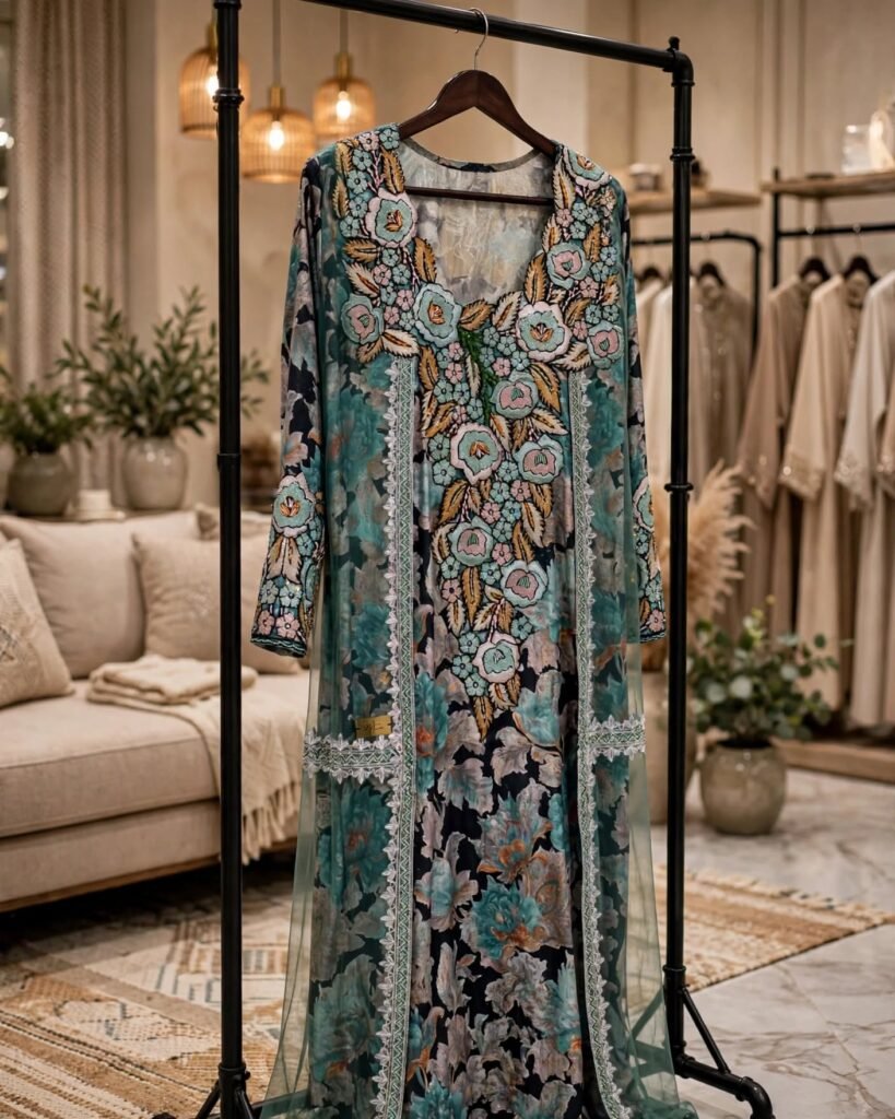 Enchanting Teal Floral Embroidered Overlay Kurta Set - Photo 5