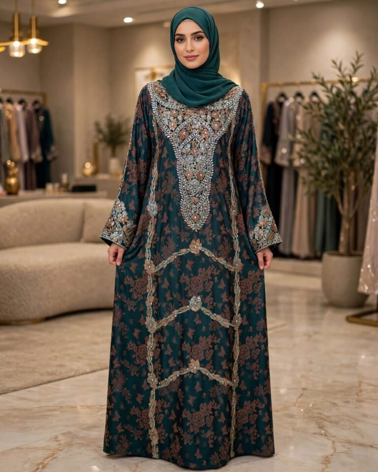Midnight Emerald Floral Embroidered Kaftan Abaya – Rich Embellished Heritage Ensemble