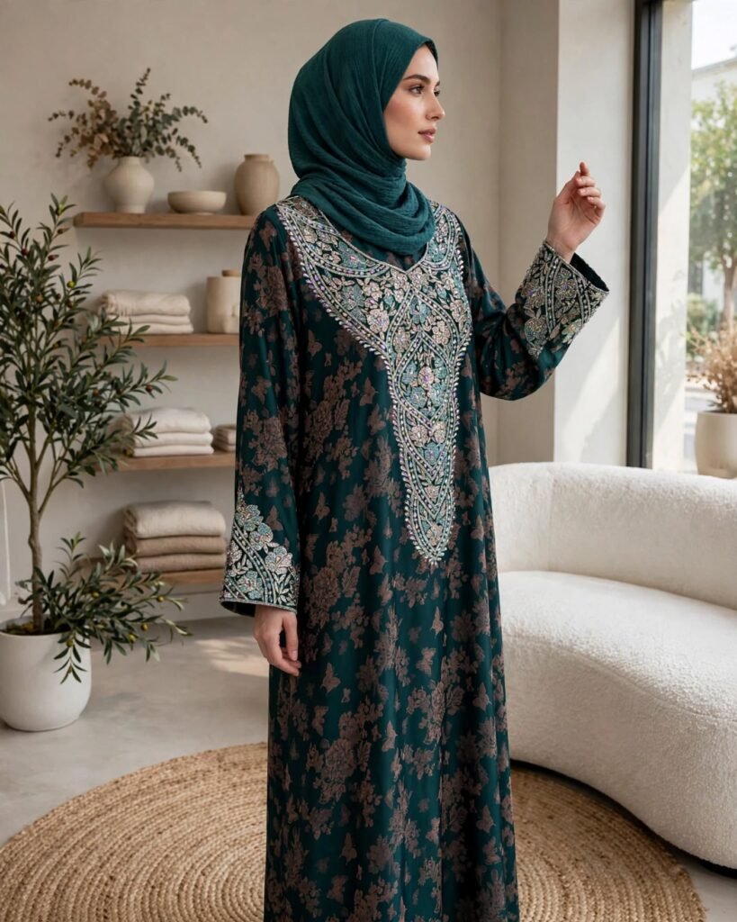Midnight Emerald Floral Embroidered Kaftan Abaya – Rich Embellished Heritage Ensemble - Photo 2