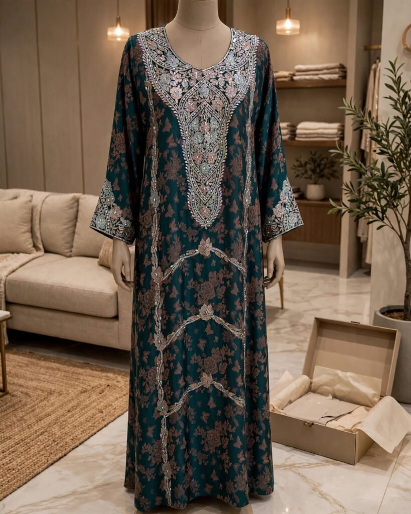 Midnight Emerald Floral Embroidered Kaftan Abaya – Rich Embellished Heritage Ensemble - Photo 3