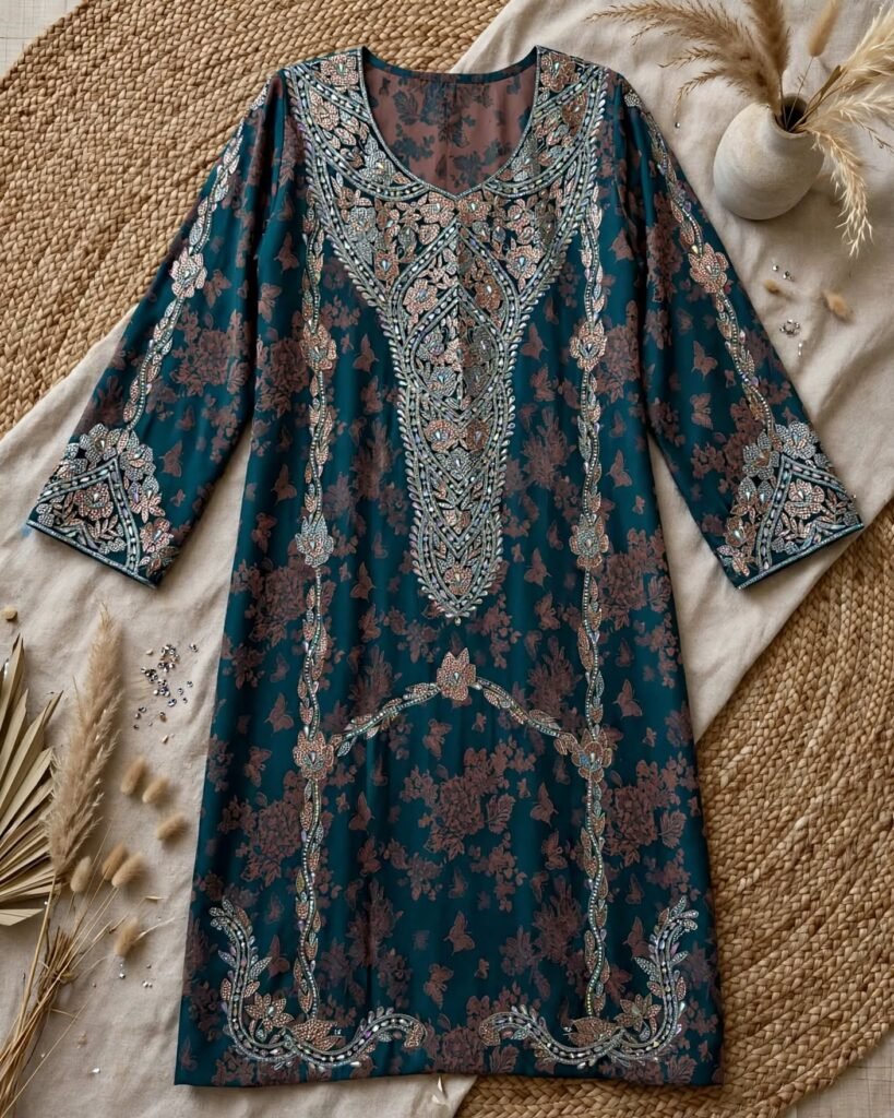 Midnight Emerald Floral Embroidered Kaftan Abaya – Rich Embellished Heritage Ensemble - Photo 4