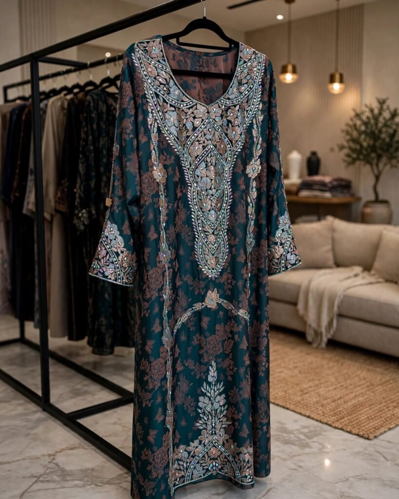 Midnight Emerald Floral Embroidered Kaftan Abaya – Rich Embellished Heritage Ensemble - Photo 5