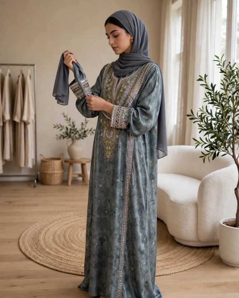 Sage Grey Embellished Floral Kaftan Maxi Dress