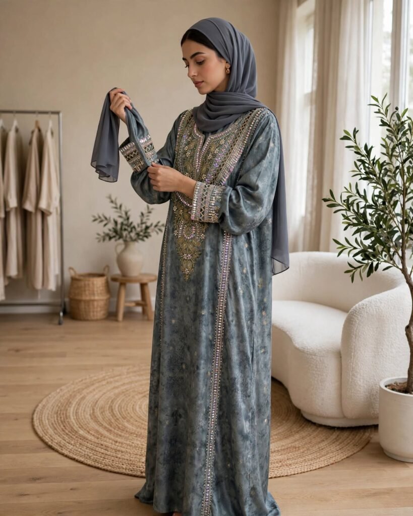 Sage Grey Embellished Floral Kaftan Maxi Dress - Photo 1