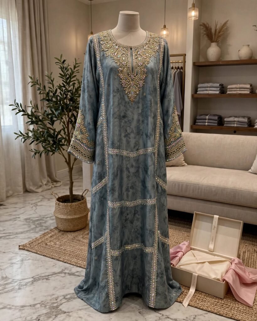 Sage Grey Embellished Floral Kaftan Maxi Dress - Photo 3