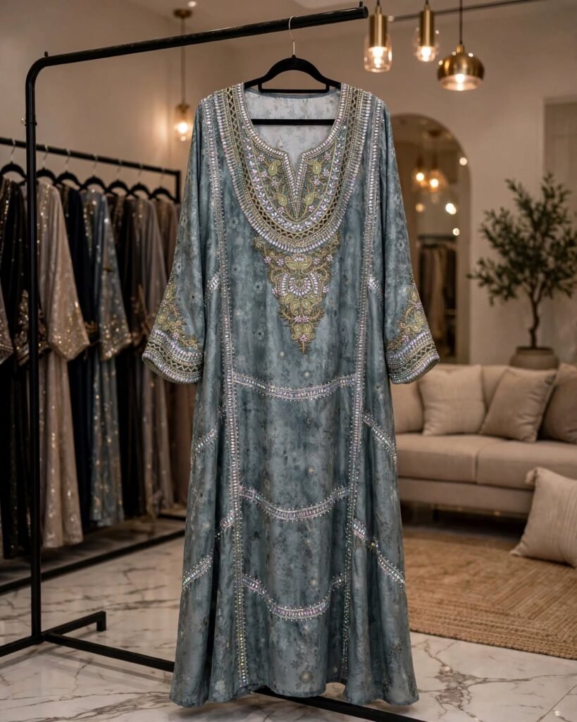 Sage Grey Embellished Floral Kaftan Maxi Dress - Photo 5