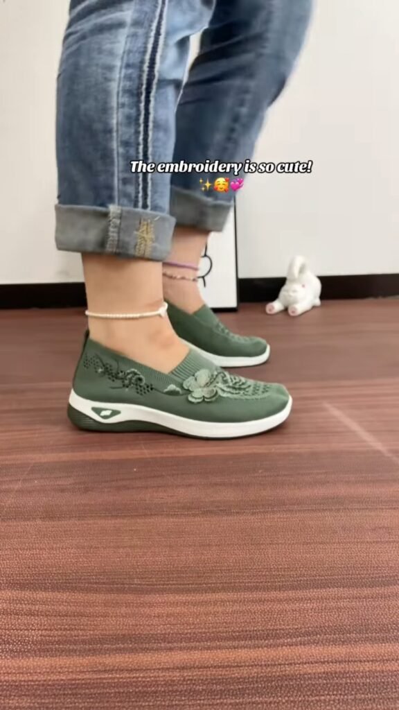 Floral Embroidered Knit Slip-On Walking Shoes | Breathable Mesh Wedge Sneakers | All-Day Comfort Casual Shoes - Photo 1