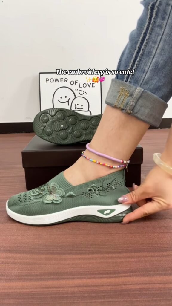 Floral Embroidered Knit Slip-On Walking Shoes | Breathable Mesh Wedge Sneakers | All-Day Comfort Casual Shoes - Photo 6