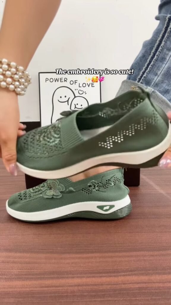 Floral Embroidered Knit Slip-On Walking Shoes | Breathable Mesh Wedge Sneakers | All-Day Comfort Casual Shoes - Photo 5