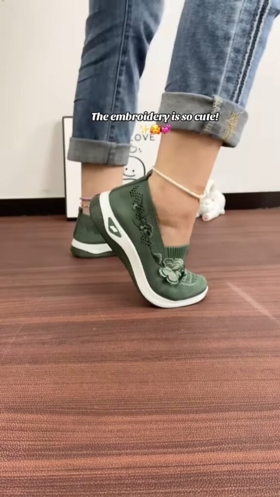 Floral Embroidered Knit Slip-On Walking Shoes | Breathable Mesh Wedge Sneakers | All-Day Comfort Casual Shoes - Photo 3