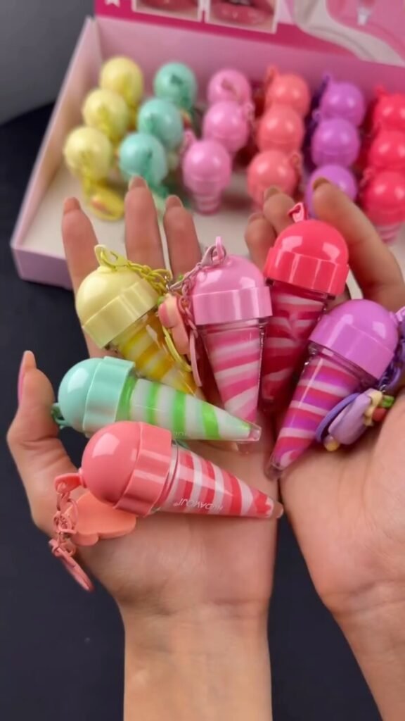 Cute Ice-Cream Cone Lip Gloss Keychain | Fruity Scented Tinted Gloss with Charm | Kids & Teens Fun Beauty Accessory - Photo 1