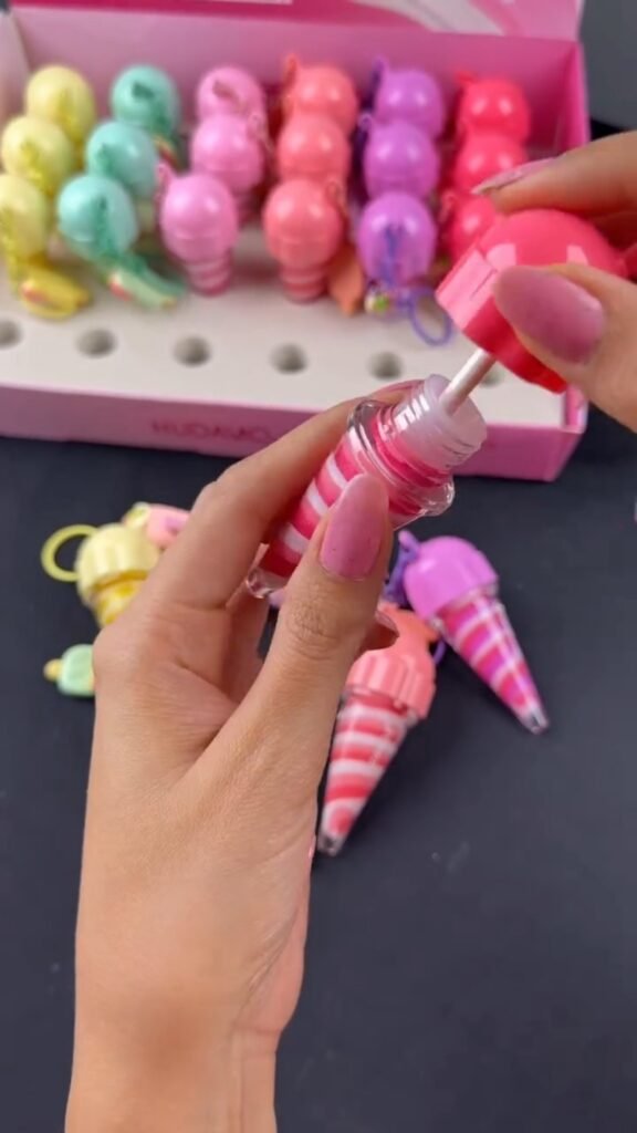 Cute Ice-Cream Cone Lip Gloss Keychain | Fruity Scented Tinted Gloss with Charm | Kids & Teens Fun Beauty Accessory - Photo 3