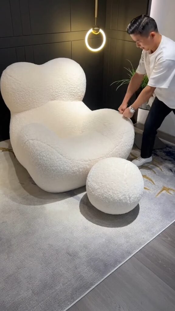 Fluffy Boucle Lounge Chair with Round Ottoman | Oversized Cloud-Shape Teddy Fabric Accent Armchair for Living Room & Bedroom - Photo 5