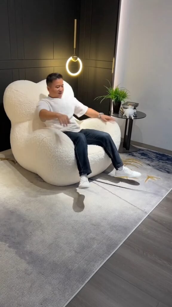 Fluffy Boucle Lounge Chair with Round Ottoman | Oversized Cloud-Shape Teddy Fabric Accent Armchair for Living Room & Bedroom - Photo 4