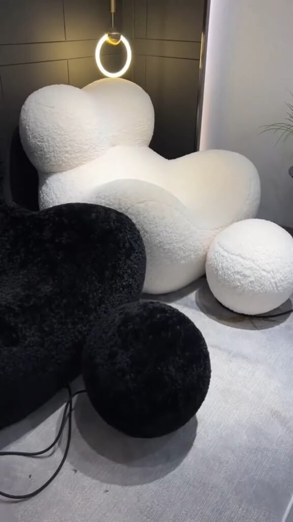 Fluffy Boucle Lounge Chair with Round Ottoman | Oversized Cloud-Shape Teddy Fabric Accent Armchair for Living Room & Bedroom - Photo 2