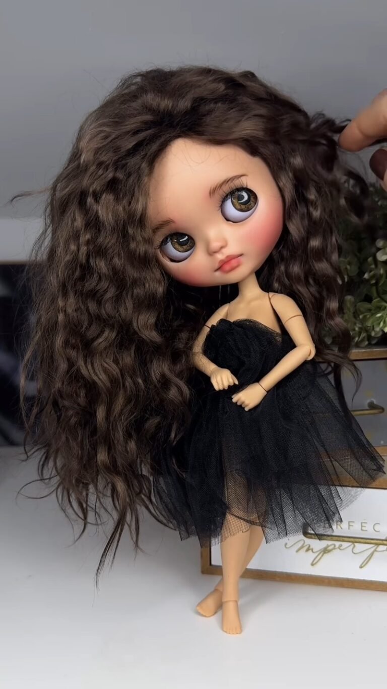 Collectible Art Doll with Curly Hair & Big Eyes | Handcrafted Ball-Jointed Fashion Doll in Black Tulle Dress, Custom Display Doll