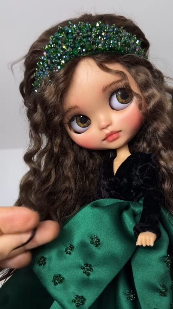 Collectible Art Doll with Curly Hair & Big Eyes | Handcrafted Ball-Jointed Fashion Doll in Black Tulle Dress, Custom Display Doll - Photo 3