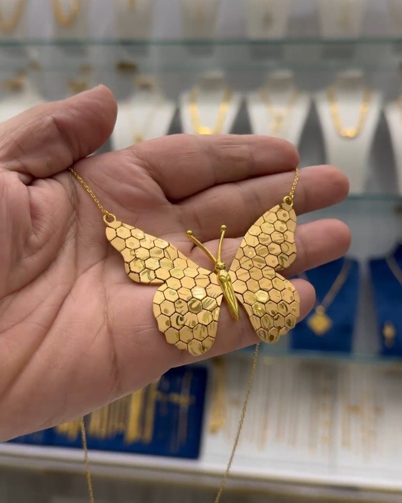 Gold-Tone Butterfly Pendant Necklace | Elegant Honeycomb Textured Butterfly Charm Necklace, Delicate Chain Jewelry for Women - Photo 2