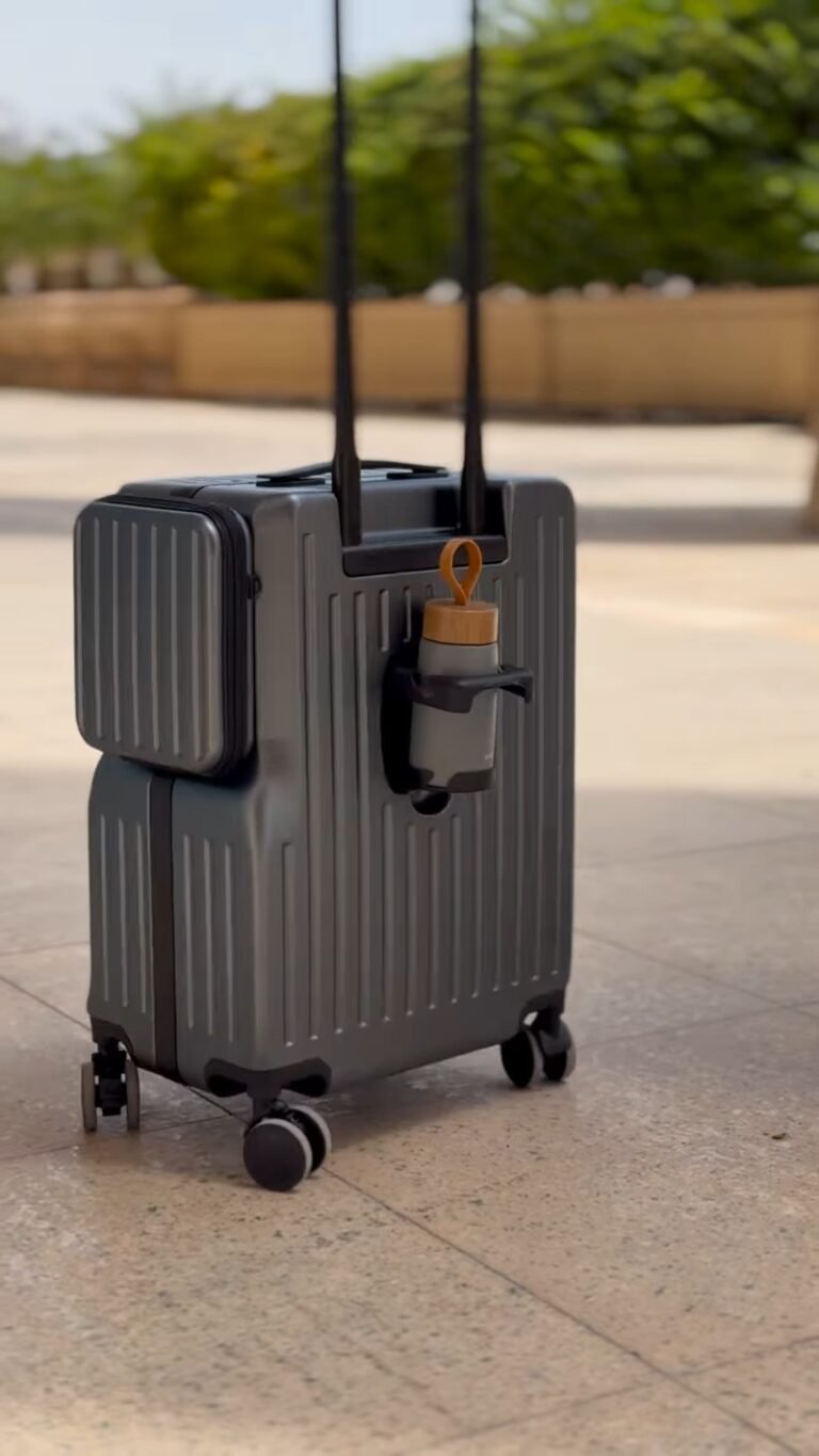 Hardshell Cabin Luggage with Cup Holder | Front Pocket Spinner Suitcase, Carry-On Travel Bag with Telescoping Handle