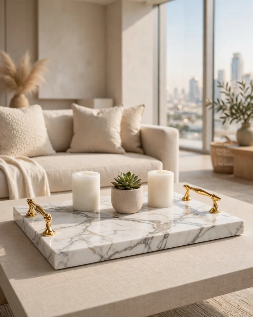 AuraTray White Marble Decorative Tray with Gold Handles - Luxury Tray - Photo 1