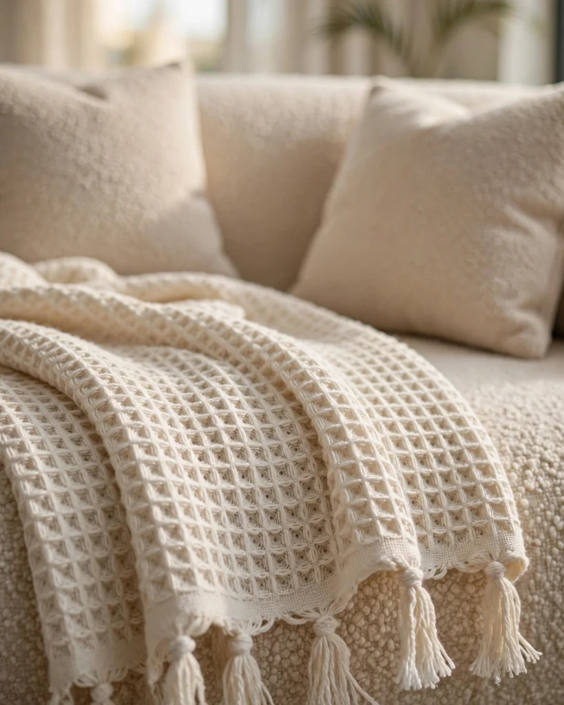 CozyCloud Waffle Throw Blanket with Cushion Covers - Cream Knit Throw Set - Photo 3